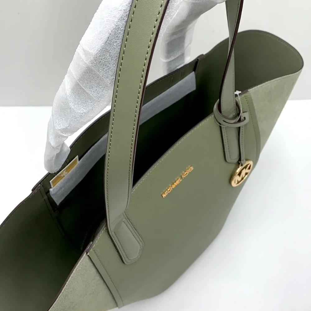 MICHAEL KORS PORTIA LARGE TOTE ARMY GREEN COLOR PEBBLED LEATHER/SUEDE - Picture 10 of 16